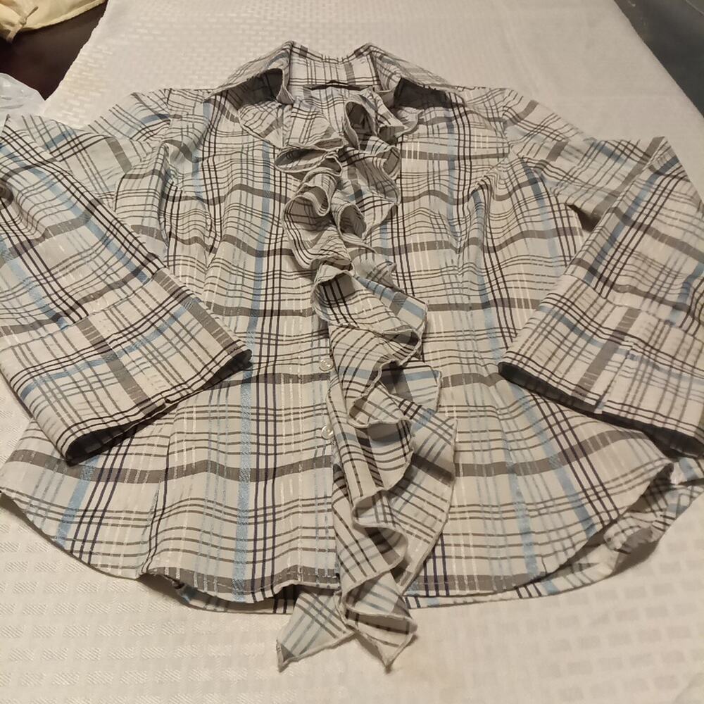Signature by Larry Levine Women's Small Ruffle Blouse Long Sleeve Striped Blue